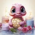 Adorable pink turtle in water, surrounded by bubbles and plants, with a playful and whimsical expression.