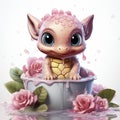 Adorable pink turtle in water, surrounded by bubbles and plants, with a playful and whimsical expression.