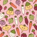 Adorable pink vegetable background. Seamless pattern with vegetarian healthy food. Cute kawaii characters.