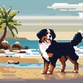 An adorable pixel artwork digital painting of a dog standing on a sandy beach