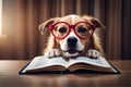Adorable, playful dog with glasses on a book. Perfect for animal-themed projects photography