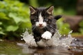 adorable and playful kitten enjoying a splashing run in the refreshing water