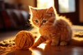Adorable playful kitten with yarn in bright minimal setting, cute pet playing with ball of yarn Royalty Free Stock Photo