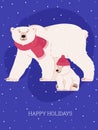 Adorable polar bear with little cub on Christmas greeting card, cartoon flat vector illustration.