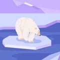 Adorable polar bear walking on ice floe, cartoon flat vector illustration.