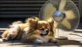 Adorable Pomeranian Dog Cooling Off in Front of a Fan in Summer