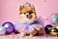 Adorable Pomeranian dog dressed as a princess with a sparkling tiara and tutu against a glittery pink backdrop Royalty Free Stock Photo