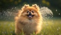 Adorable Pomeranian Dog Getting Sprayed by a Water Sprinkler in a Meadow