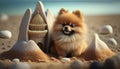 Adorable Pomeranian Dog Sitting Next to a Sandcastle at the Beach