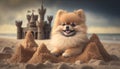 Adorable Pomeranian Dog Sitting Next to a Sandcastle at the Beach