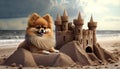 Adorable Pomeranian Dog Sitting Next to a Sandcastle at the Beach