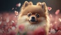 Adorable Pomeranian Dog Sitting in a Sea of Rose Petals