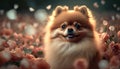 Adorable Pomeranian Dog Sitting in a Sea of Rose Petals