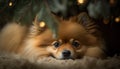 Adorable Pomeranian Dog Sitting Under a Christmas Tree