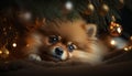 Adorable Pomeranian Dog Sitting Under a Christmas Tree