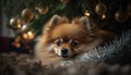 Adorable Pomeranian Dog Sitting Under a Christmas Tree