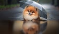 Adorable Pomeranian Dog Sitting Under an Umbrella Reflecting in a Puddle