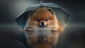 Adorable Pomeranian Dog Sitting Under an Umbrella Reflecting in a Puddle