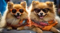 Adorable pomeranian spitz dog wearing sunglasses on vacation - funny and smart canine humor