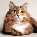 Adorable portrait of a domestic cat. Multi-colored long-haired fluffy cat with green eyes. Ginger adult cat