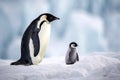 Adorable portrait of an Emperor penguin with his chick on the sea ice in the Antarctica. Amazing Wildlife. Generative Ai Royalty Free Stock Photo