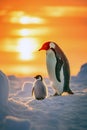 Adorable portrait of an Emperor penguin with his chick on the sea ice in the Antarctica at sunset. Amazing Wildlife. Generative Ai Royalty Free Stock Photo