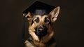 Adorable portrait of a German Shepherd dog wearing university graduation hat