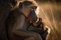 Adorable Portrait Mother baboon with her baby resting in her arms. Amazing African Wildlife. Generative Ai