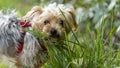 Adorable portrait of a young blond Yorkshire Terrier dog, chewing grass