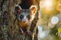 Adorable possum peeks out from tree hollow, bathed in warm sunlight, highlighting its curious eyes and delicate features, perfect