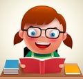 Adorable preschool girl kid vector character holding and reading book