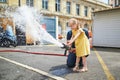 Adorable preschooler girl acting like a fireman Royalty Free Stock Photo