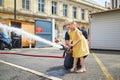 Adorable preschooler girl acting like a fireman Royalty Free Stock Photo