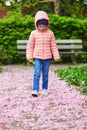 Adorable preschooler girl walking in cherry blossom garden, path is covered by pipnk fallen petals and flowers Royalty Free Stock Photo