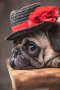 Adorable pug dog wearing hat lying down in side view Royalty Free Stock Photo