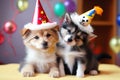 Adorable puppies. Pets in a triangular festive hats. Generative Ai.