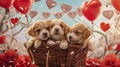 Adorable Puppies in a Valentine\'s Basket.