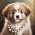Adorable puppy adorned with a pearl necklace