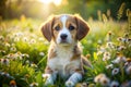 Adorable Puppy Basking in Sunny Meadow Floppy Ears and Big Eyes Amongst Blooming Wildflowers