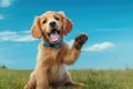 Adorable puppy basks in the sun-drenched grass, raising its paw playfully against a backdrop of clear blue sky. Perfect Royalty Free Stock Photo