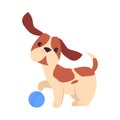 Adorable Puppy Dog Playing Ball, Happy Pet Animal with White and Brown Coat Cartoon Vector Illustration Royalty Free Stock Photo