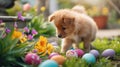 Puppy Amongst Colorful Easter Eggs in Garden