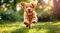 Adorable puppy joyfully playing in lush green grass, happy pet dog basking in nature s beauty