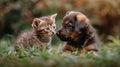 An adorable puppy and kitten are lying together in grass outdoors