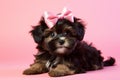 Adorable Puppy pink bow background. Generate Ai Royalty Free Stock Photo