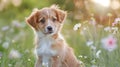 Adorable Puppy Sitting in Grassy Meadow with Wildflowers Captured in Soft Watercolor Style with Dreamy Whimsical Mood