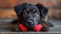 .An adorable puppy with soulful eyes, lovingly holding a red heart-shaped toy, captures the essence of affection and companionship