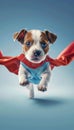 Adorable puppy in superhero costume gazing into distance on pastel background with copy space