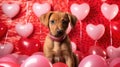 Adorable Puppy Surrounded by Valentine's Day Heart Balloons. Royalty Free Stock Photo