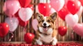 Adorable Puppy Surrounded by Valentine's Day Heart Balloons. Royalty Free Stock Photo